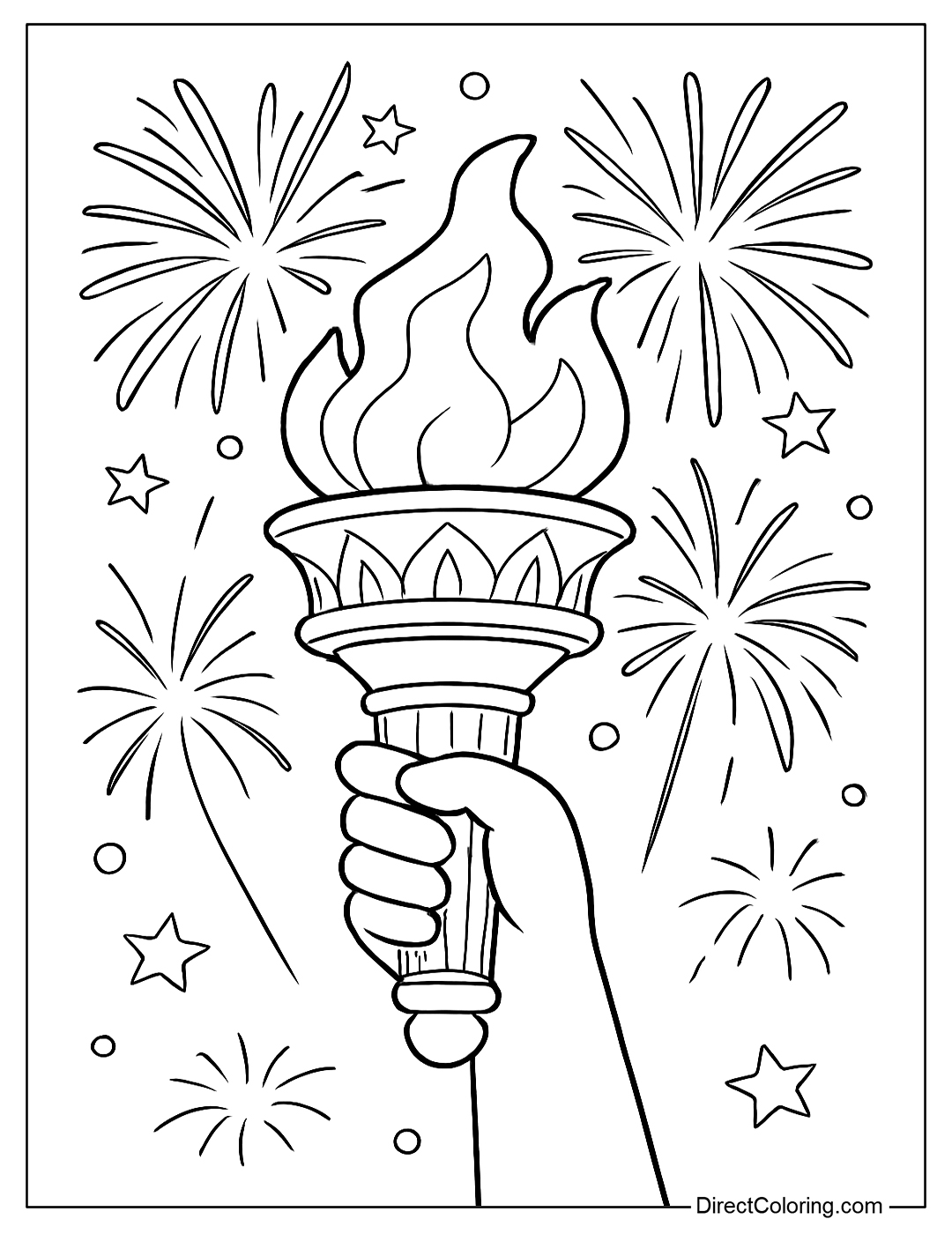A coloring page of a hand holding the Statue of Liberty torch, with fireworks exploding on top.